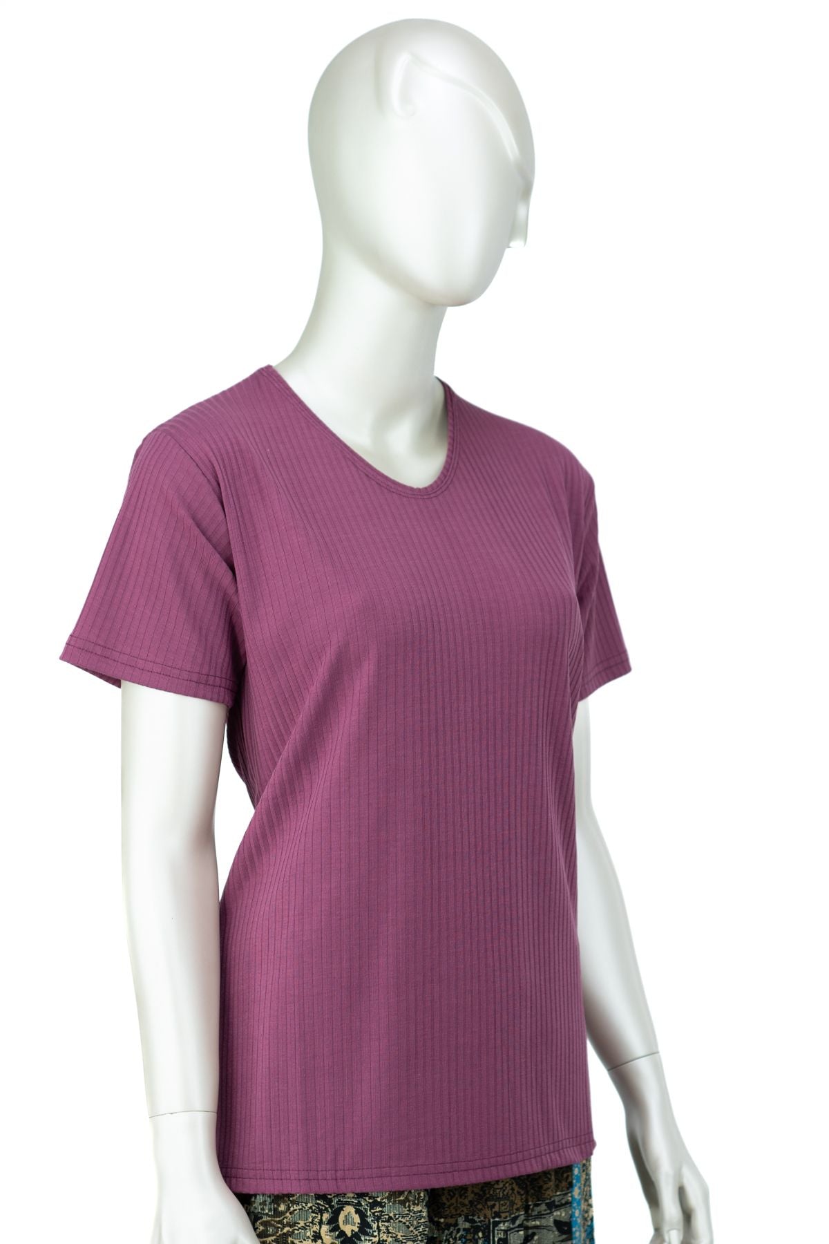 Kadın Penye Pamuklu Kumaş Anne Bluz Fitil Desenli Kısa Kollu Normal Kesim Tam Kalıp Likralı